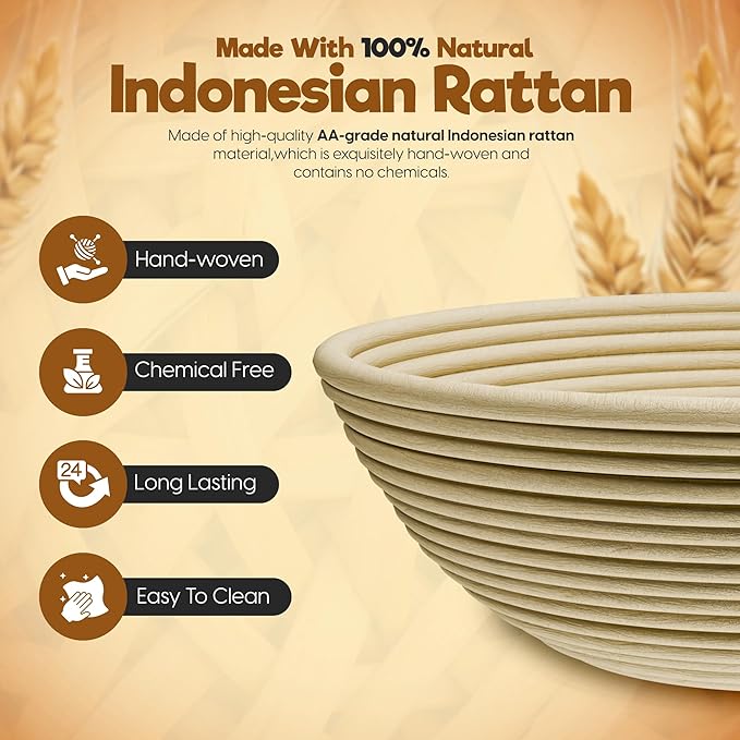 KITTICH Banneton Bread Proofing Basket with Essentials Set, 10 Inch Oval and 9 Inch Round Rattan Baskets with Linen Liners, Perfect for Sourdough Starter Kit - Sourdough Bread Baking Supplies