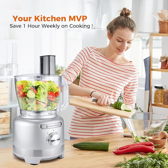 Homtone 16 Cup Food Processor Large, 9 Functions 7 Blades 3 Speeds for Shredding, Slicing, Making French Fries, Chopping Meat, Kneading Dough & Emulsifying, 600W, Red