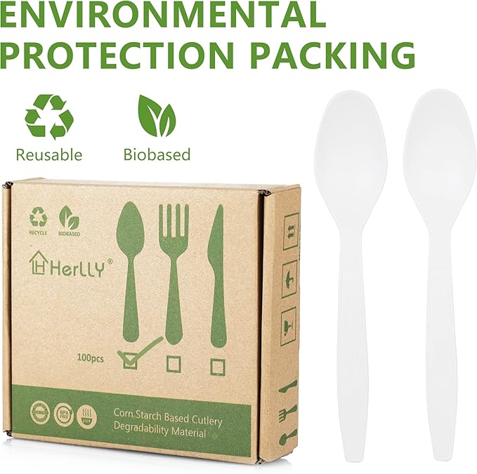 Compostable Spoon,100 Biodegradable Silverware for Party,Large Disposable Utensil Eco Friendly Durable and Heat Resistant,Alternative to Plastic Spoon