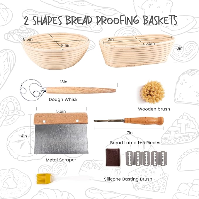 Bread Proofing Baskets Set of 2, 10 inch Oval & 8.5 inch Round Dough Proofing Bowls w/Liners Perfect for Sourdough Bread Baking, Bakers Baking, Gifts for Bakers, Bread Making Kit