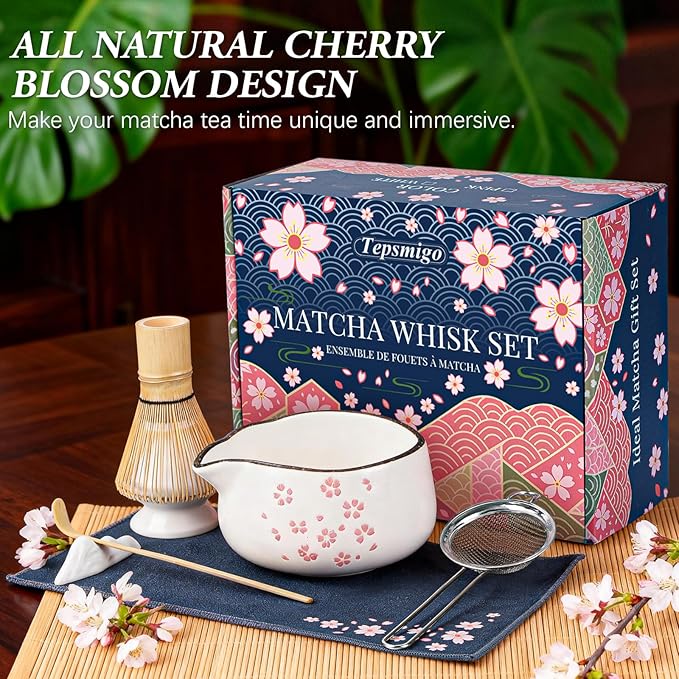 Matcha Whisk Set, 7 PCS Ceramic Matcha Sets with Bowl, Bamboo Whisk and Holder, Towel, Sifter, Bamboo Scoop, Scoop Rest, Christmas Gifts for Tea Lovers, Birthdays New Year Gifts for Women Mom