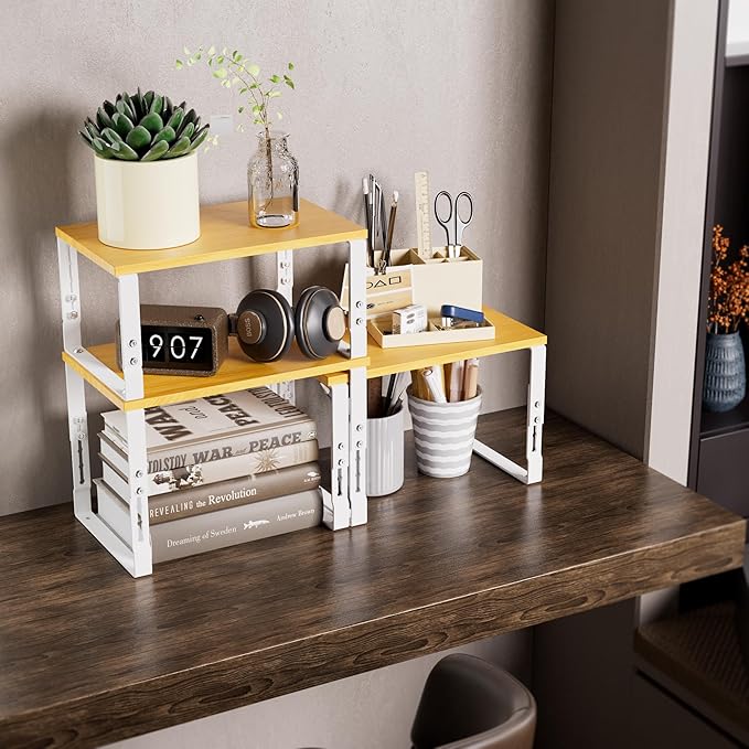 Adjustable Storage Shelves for Kitchen Cabinet Organization - Set of 2 Stackable Metal & Solid Wood Racks, Space-Saving Design for Countertop/Pantry/Garage, Easy Assembly(2 Packs/Medium/White)