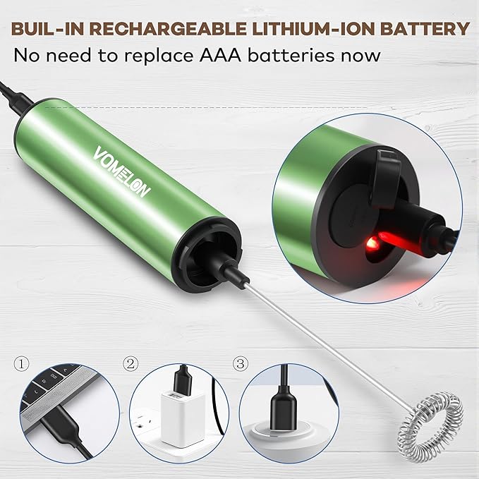 Rechargeable Milk Frother Handheld Electric Frother Wand Milk Foamer Drink Mixer for Coffee, Lattes, Cappuccino, and Egg, Stainless Steel for Travel-Green