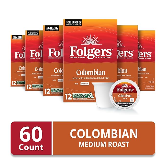Folgers Colombian Medium Roast Coffee, 12 Keurig K-Cup Pods (Pack of 6)