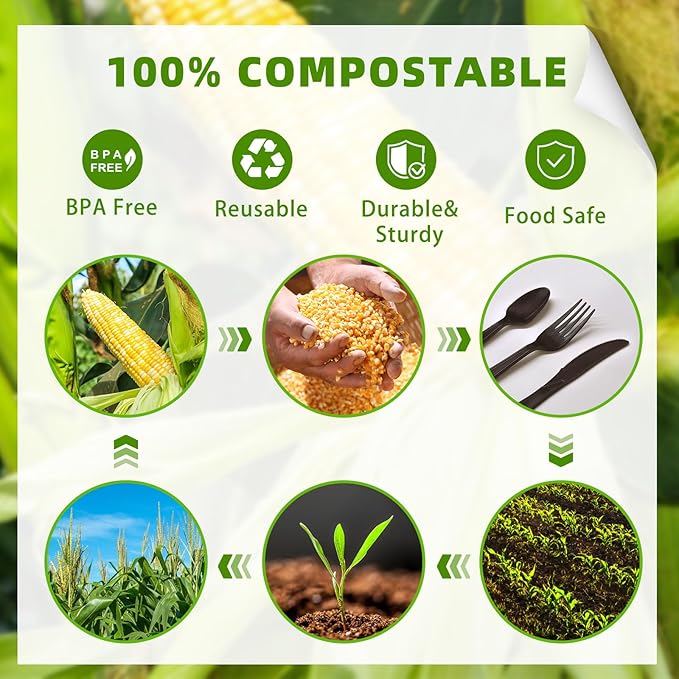 Black Plastic Silverware, Compostable No Plastic Utensils 120 Forks 120 Spoons 60 Knives Disposable Cutlery, Eco Friendly Compostable Utensils, Disposable Forks Spoons Knives Set