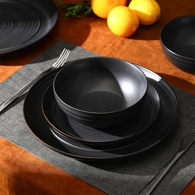 Stone Lain Elio 24-Piece Dinnerware Set Stoneware, Plates and Bowls Set, Dish Set for 8, Black