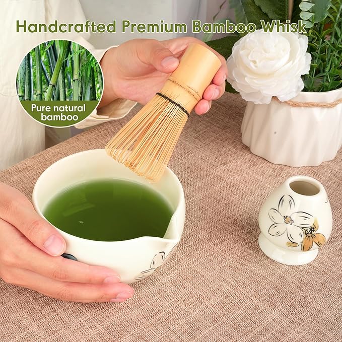 Matcha Whisk Set – Ceramic Matcha Set with Matcha Bowl, Matcha Whisk & Holder, Bamboo Scoop, Tea Towel – 5-Piece Japanese Matcha Kit for Matcha Lovers, Beginners & Gifting (Multicolor, 17oz)