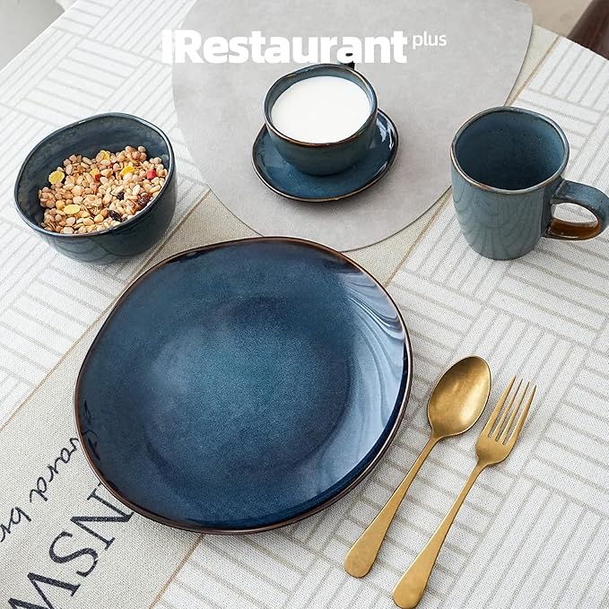 Organic Shape Restaurant Dinner Plates 11.65", Commerical Grade Catering Stoneware Plates in Ir-regular Organic Shape, Chip & Scratch Resistant, Glossy Reactive Glaze Blue, Case of 12