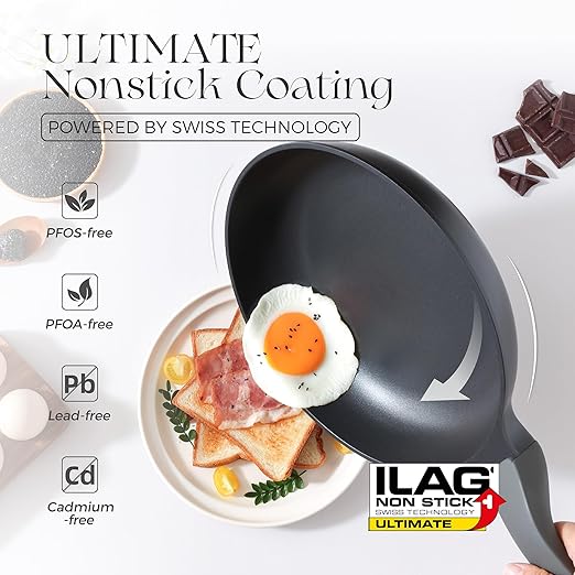 PRICUSIS Nonstick Frying Pan, 8/10/12 Inch Skillet with Stay Cool Handle, Fully Coated, Induction Compatible & Oven Safe, 100% Dishwasher Safe, PTFE & PFOA Free（12 Inch, Black Sesame）