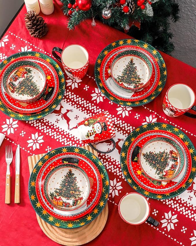 Hasense Christmas Dinnerware Set of 4, Ceramic Plates and Bowls Sets with Mugs, 16 Pieces Chip & Scratch Resistant Party Serving Dishes for Holiday Gift, Microwave and Dishwasher Safe