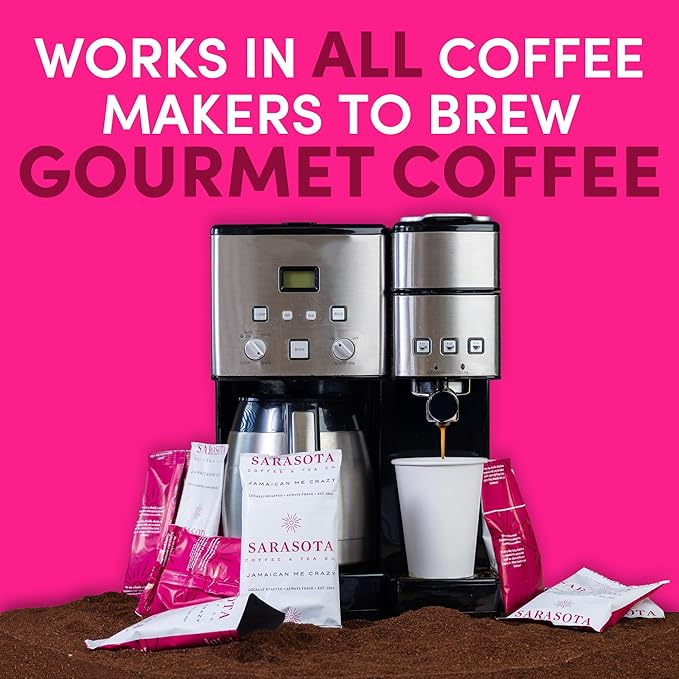 Sarasota Coffee Ground Packets | Gourmet Flavored Medium Roast Grounds Packs | Jamaican Me Crazy | Low Acid Mold Free Individual Single Pot Pouches for 12 Cup Coffee Maker | 2 Ounce Bags, 12 Count