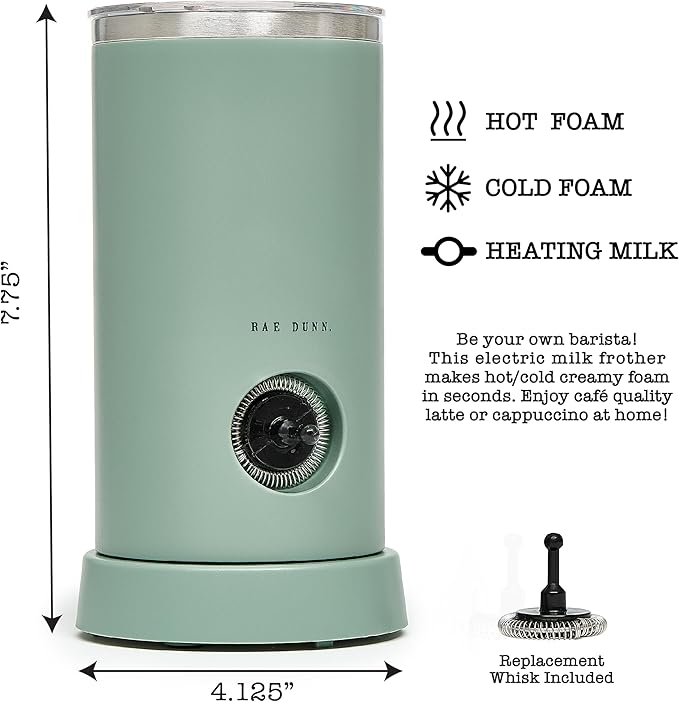 Rae Dunn Electric Milk Frother Steamer -Stylish Automatic Milk Steamer and Frother, Milk Warmer, Hot and Cold Foam Maker for Coffee, Latte, Cappuccino, Macchiato - 550 Watt (Sage)