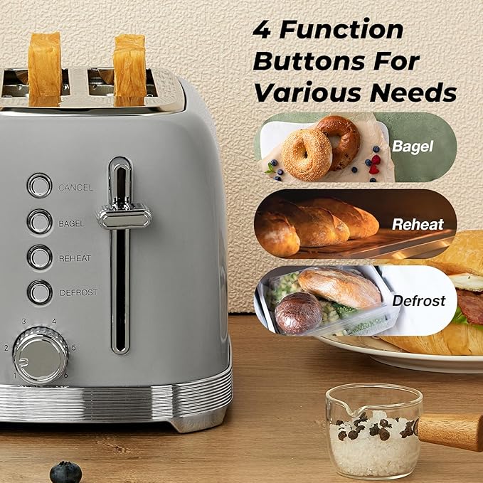 Toaster 2 Slice Retro Stainless Steel with 1.5” Extra Wide Slots Bagel, Defrost, Reheat, Cancel Functions, 6 Bread Shade Settings, Removable Crumb Tray, Gray