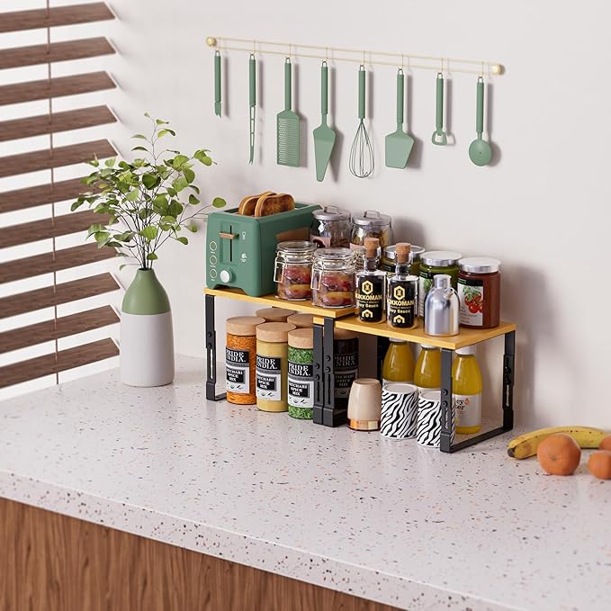 Adjustable Storage Shelves for Kitchen Cabinet Organization - Set of 2 Stackable Metal & Solid Wood Racks, Space-Saving Design for Countertop/Pantry/Garage, Easy Assembly(1 Pack/Large/Black)