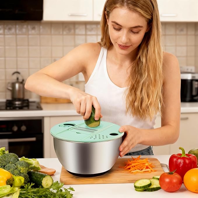 5.3Qt Stainless Steel Salad Spinner,Lettuce Spinner with Non-Slip Base,Multifunctional Design with a Crank,A Variety of Blades Make it Easy to Chop, BPA Free,Dishwasher Safe, Non-Slip Base.