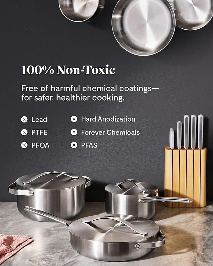 Caraway Stainless Steel Sauté Pan (4.5 Qt) - 5-Ply Stainless Steel - Oven Safe & Stovetop Agnostic - Non Toxic, PTFE & PFOA Free