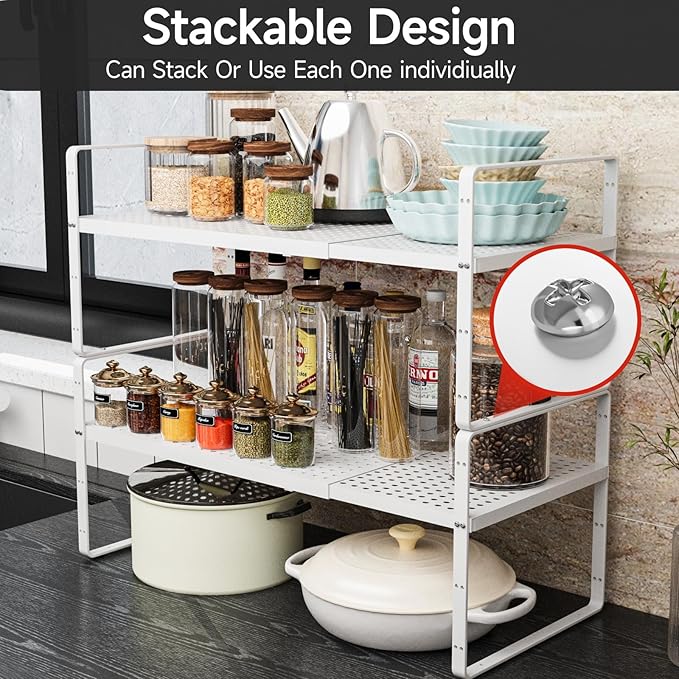 2Pack Expandable Cabinet Shelf Organizers, Stackable Metal Shelves Extender for Kitchen Countertop Storage, Adjustable Spices Shelves Rack Stand for Cupboard Pantry, Black
