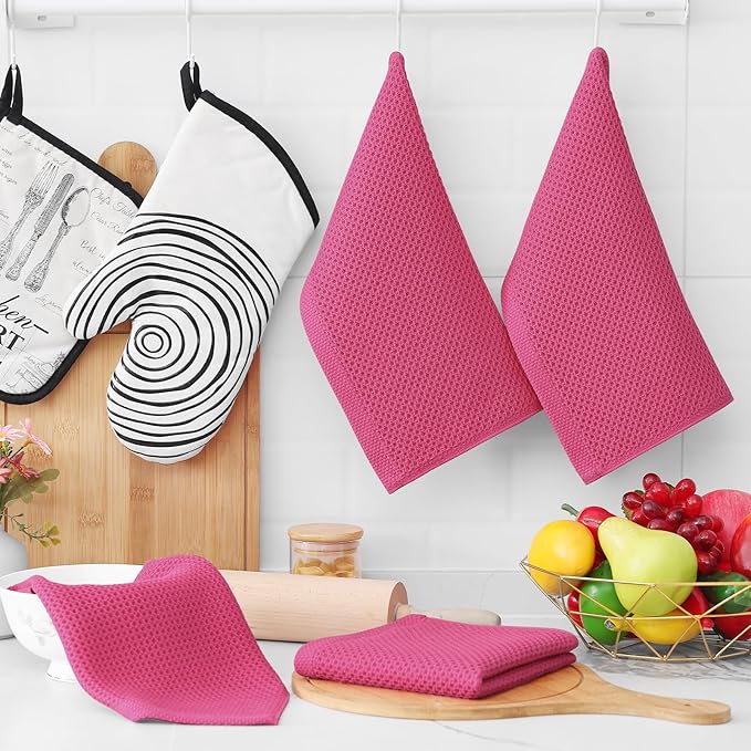 Homaxy 100% Cotton Waffle Weave Kitchen Dish Cloths, Ultra Soft Absorbent Quick Drying Dish Towels, 12 x 12 Inches, 6-Pack, Hot Pink