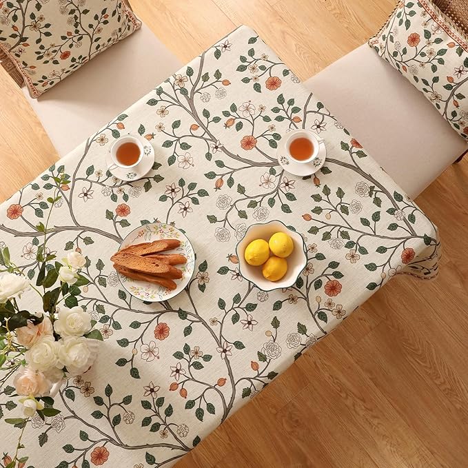 ISAENNE Designer Floral Square Tablecloth,French Linen Light Beige Indoor Table Cloth,Fall Wrinkle Resistant Home Decor Tablecloths for Dining Thanksgiving Kitchen Party,67"*67"-Flora A