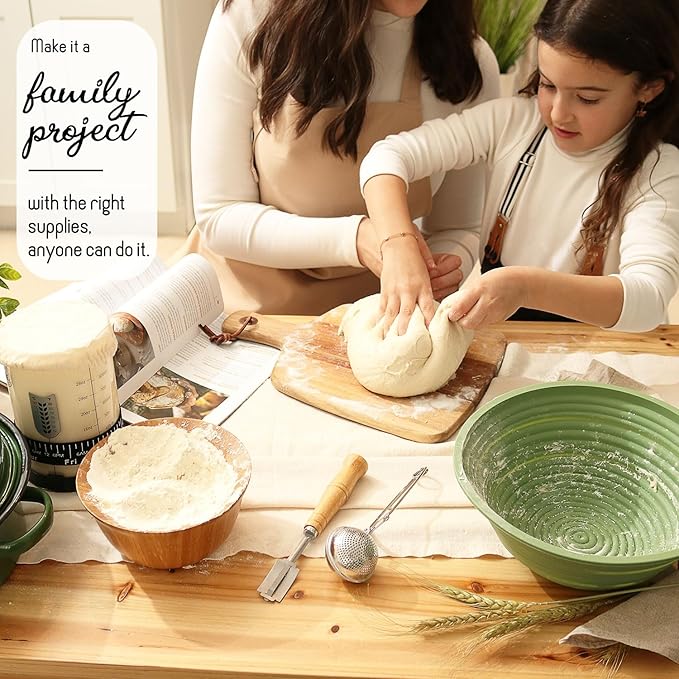 All-Inclusive 𝗣𝗥𝗘𝗠𝗜𝗨𝗠 Sourdough Starter Kit with Pot, 34 Oz Starter Jar, 4 Banneton Bread Proofing Baskets, Scraper, Scale, Sourdough Bread Baking Supplies, Detailed Beginner Guide & Recipes