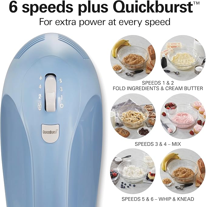 Hamilton Beach 6-Speed Electric Hand Mixer with Whisk, Dough Hooks and Easy Clean Beaters, Powerful 275 Watt Motor, Snap-On Storage Case, Blue