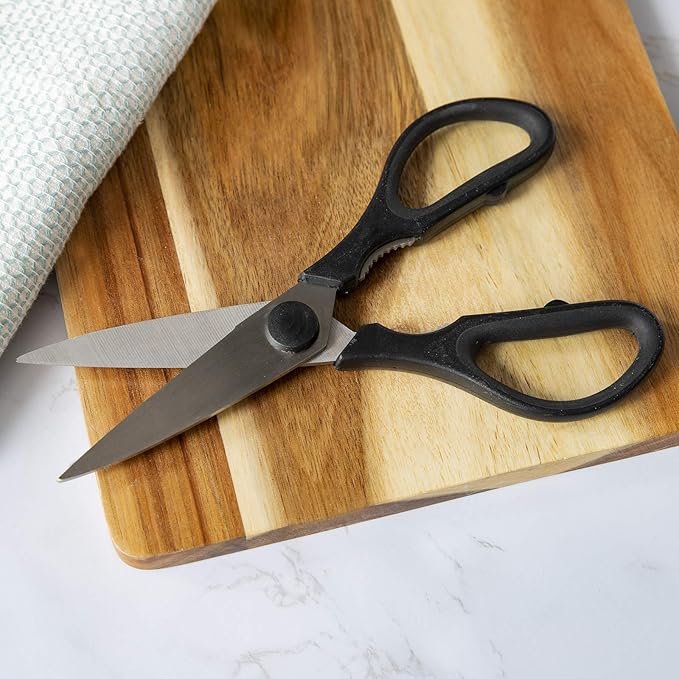 Rae Dunn Kitchen Scissors- Stainless Steel Kitchen Shears, Cooking Scissors for Cutting Meat, Chicken, Herbs and Produce with Blade Cover and Soft Grip Handles (Black)
