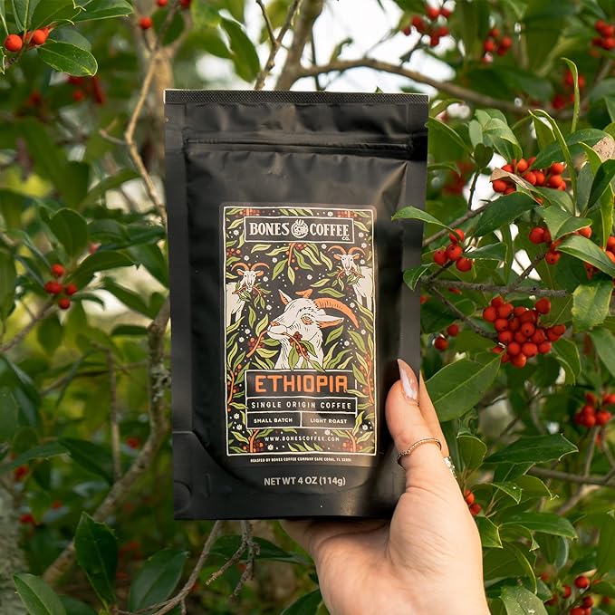 Bones Coffee Company NEW World Tour Sample Pack, Single-Origin Flavored Coffee Low Acid Medium Roast Arabica Beans Specialty Coffee Gifts Compatible Auto Drip and French Press, 4 oz Pack of 5 Ground
