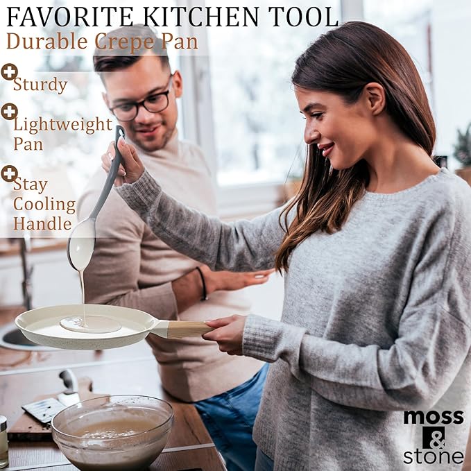 Moss & Stone 9.5-Inch Nonstick Crepe Pan with Spreader – Ceramic Dosa Tawa, Flat Skillet for Roti, Pancakes, Tortillas – Induction Compatible, Nonstick Pancake Pan for Stovetop Use, White