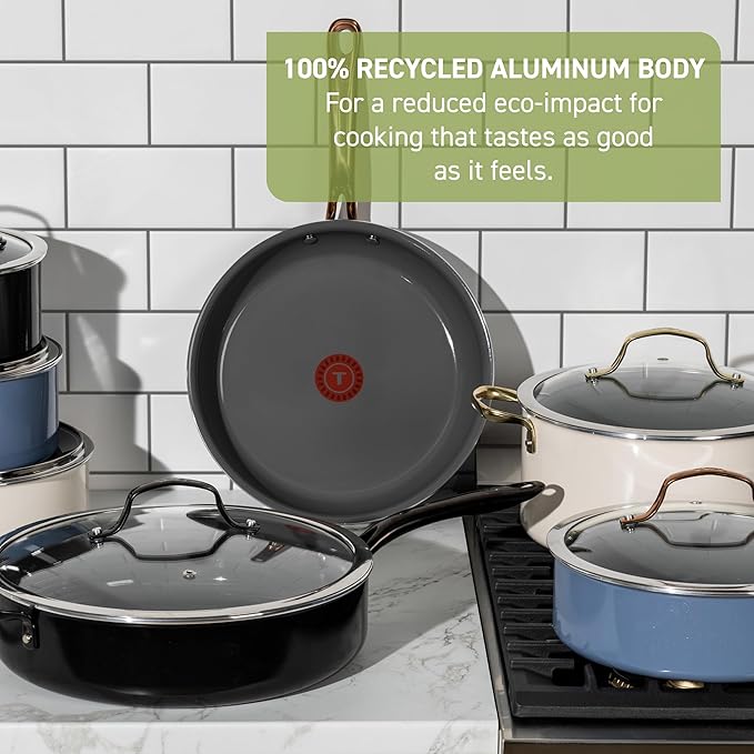 T-Fal Preserve Ceramic Nonstick Saute Pan with Lid 5.5 Qt, Oven and Broiler Safe up to 350°F Cookware, Frying Pan, Stay-Cool Handle, Skillet Pots and Pans, Rose Gold