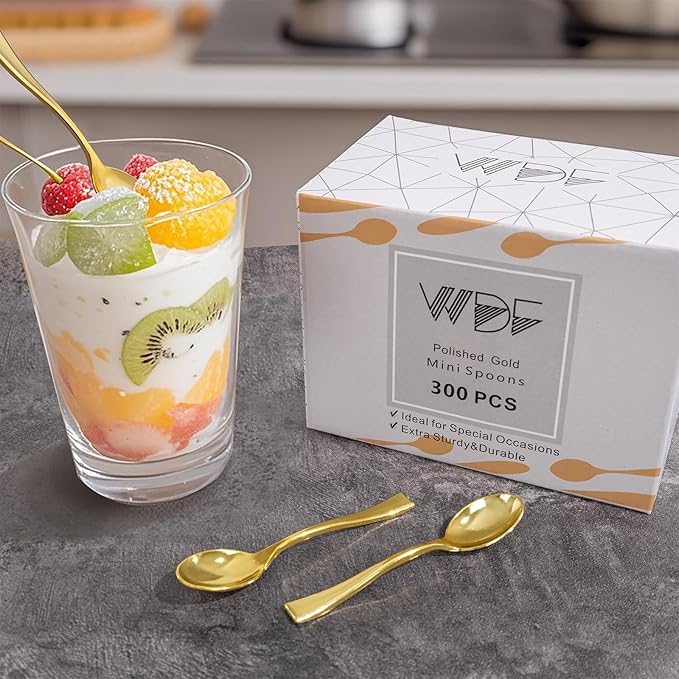 WDF 300PCS Plastic Gold Mini Spoons - 4 Inches Gold Plastic Desserts Spoons, Heavy Duty Disposable Spoons Perfect for Coffee, Cake, Appetizers,Ice Cream,Wedding,Thanksgiving