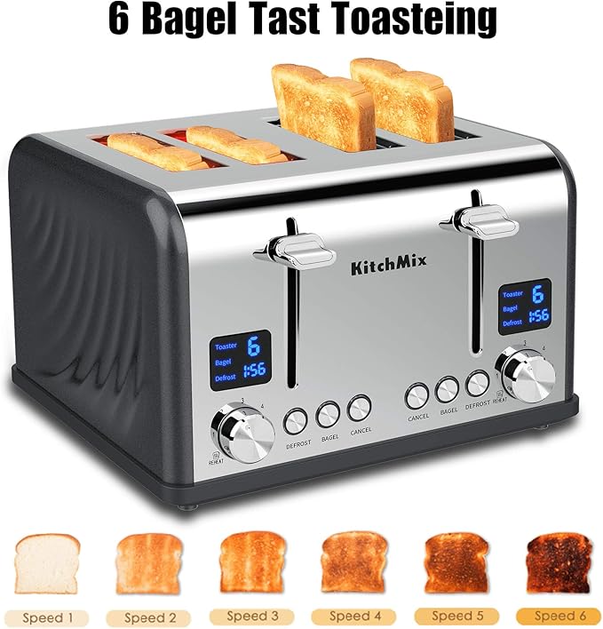 Toaster 4 Slice, Bagel Stainless Toaster with LCD Timer, Extra Wide Slots, Dual Screen, Removal Crumb Tray (Gray)