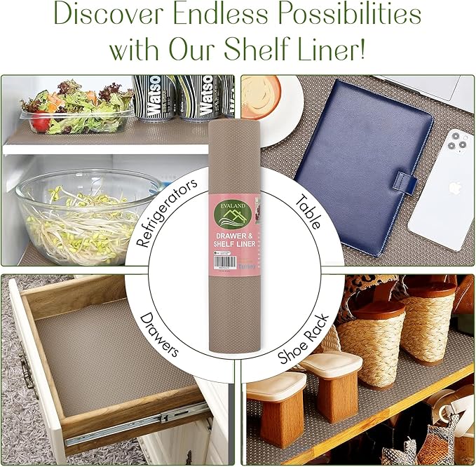 EVALAND 17.7" x 33 FT Non-Slip Shelf Liner, Non-Adhesive, BPA-Free, Waterproof Pantry Liner for Shelves, Easy to Cut, Oil-Proof Shelf Liners for Kitchen, Cabinets, Drawers, Refrigerator, Beige