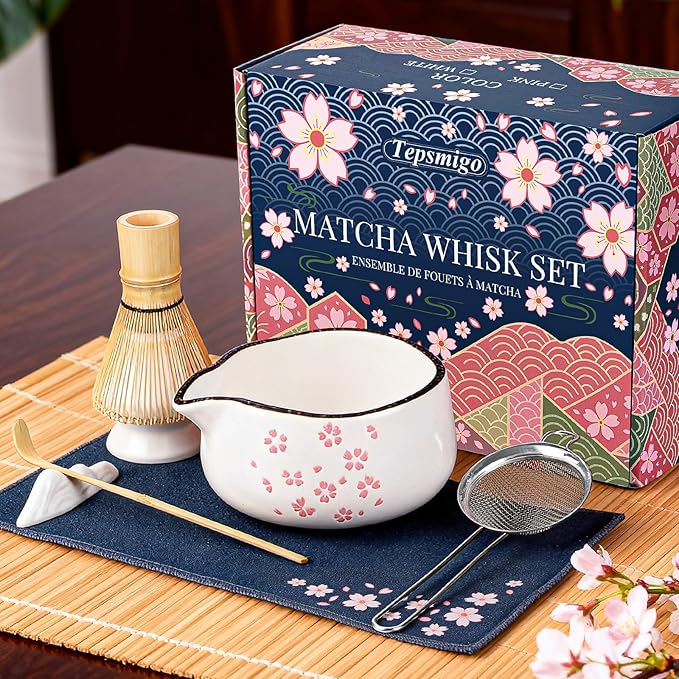 Matcha Whisk Set, 7 PCS Ceramic Matcha Sets with Bowl, Bamboo Whisk and Holder, Towel, Sifter, Bamboo Scoop, Scoop Rest, Christmas Gifts for Tea Lovers, Birthdays New Year Gifts for Women Mom