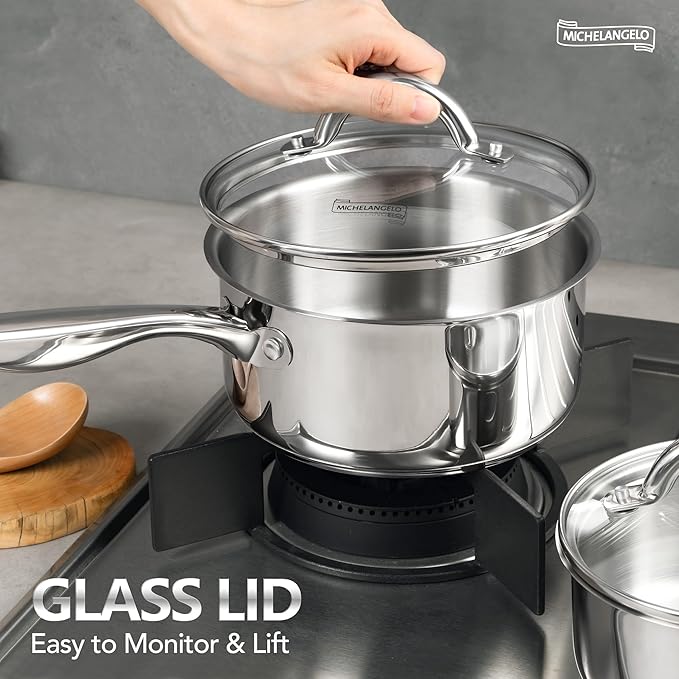 MICHELANGELO Saucepan Set 6pc, Triply Stainless Steel Sauce Pan with Lids 1QT & 2QT &3QT, Kitchen Cooking Pot for Home Use, Dishwasher Safe & Induction Compatible