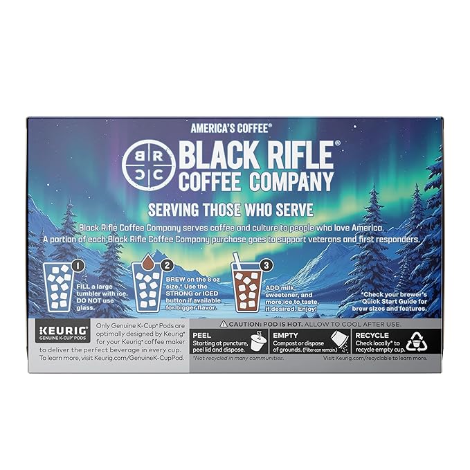 Black Rifle Coffee Company Iced Black Medium Roast Coffee,12 Count K-Cup Pods – Brew Over Ice with Chocolate, Maple & Sugar Cane Notes – Smooth, Strong & Crisp Cold Brew Flavor
