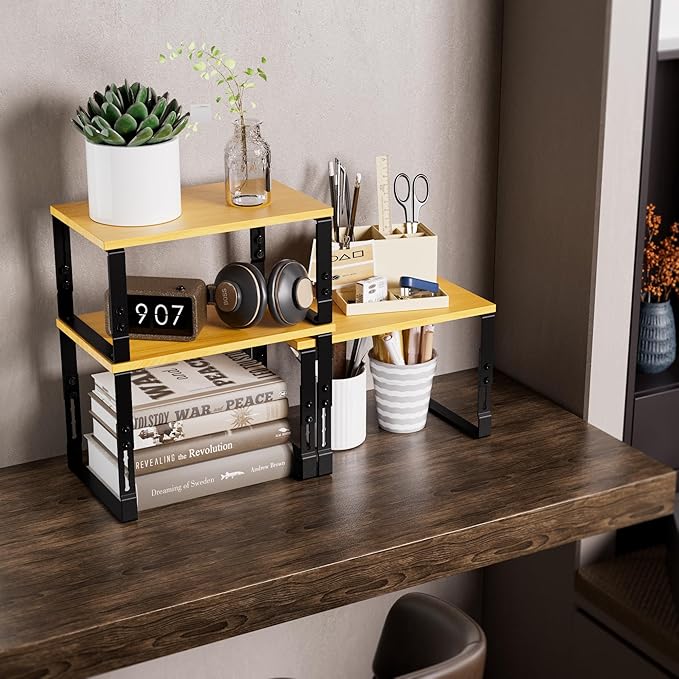 Adjustable Storage Shelves for Kitchen Cabinet Organization - Set of 2 Stackable Metal & Solid Wood Racks, Space-Saving Design for Countertop/Pantry/Garage, Easy Assembly(2 Packs/Medium/Black)