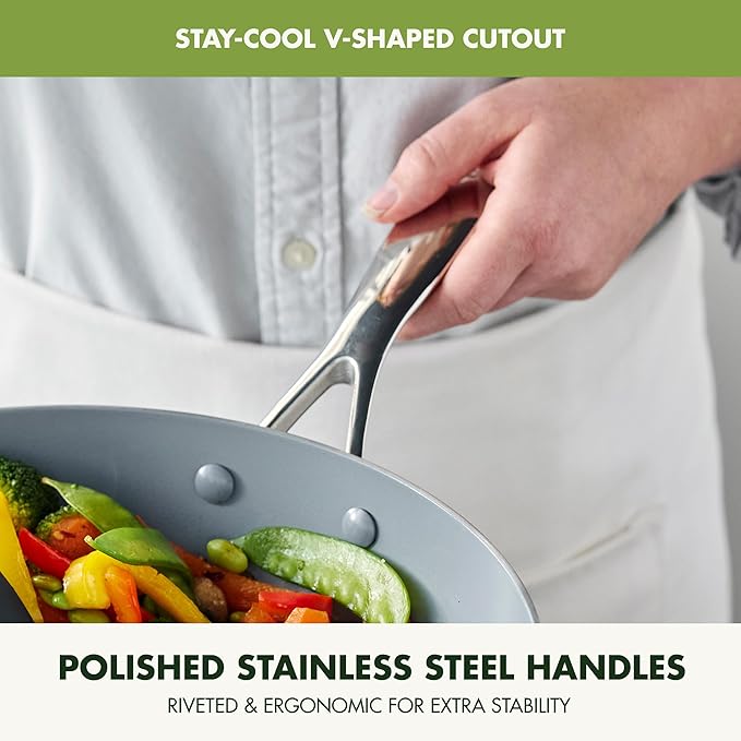 GreenPan Valencia Pro Tri-Ply Stainless Steel 12” Wok with Lid, Ceramic Nonstick PFAS-Free Coating, Multi Clad Cookware, Induction, Dishwasher Safe, Oven and Broiler Safe