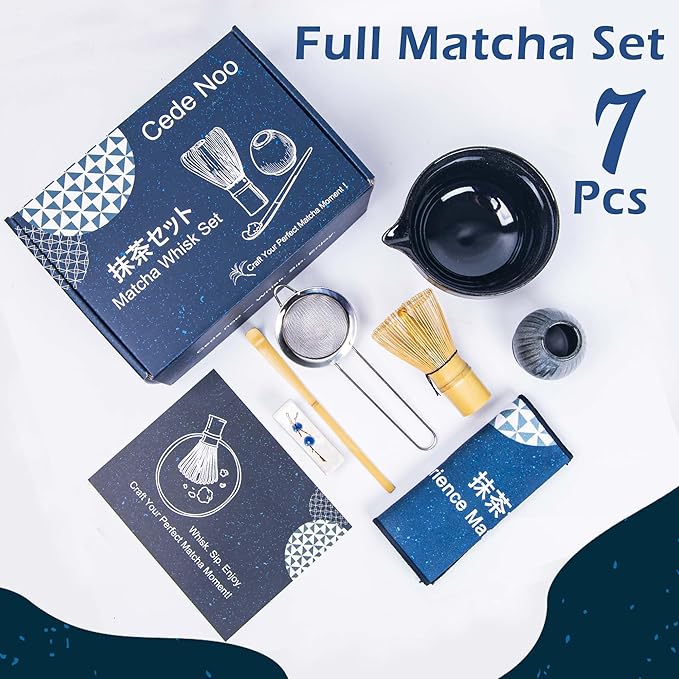 Matcha Whisk Set – Ceramic Matcha Bowl with Spout, Bamboo Whisk, Scoop, Ceramic Holders, Stainless Sifter, Towel,Perfect Matcha Starter Kit for Tea Ceremony, Japanese Tea Making Tools (Brown)