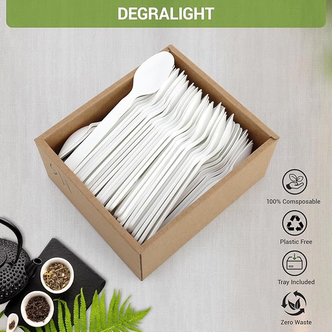 Compostable Spoons [100 Pcs] CPLA Spoons Disposable BPI Certified BPA-Free, Heat Resistant, Durable Disposable Utensils Alternative to Plastic Silverware for Daily, Party & Camping