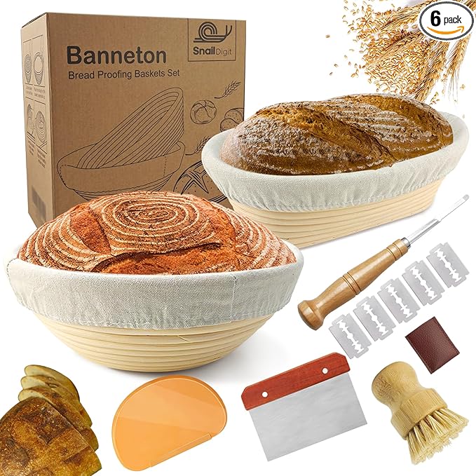 Sourdough Bread Baking Supplies: 9 Inch Round & 10 Inch Oval Banneton Bread Proofing Baskets w/Liner, Bread Lame, Dough Scrapers, Cleaning Brush, Artisan Bread Making Gifts for Bakers
