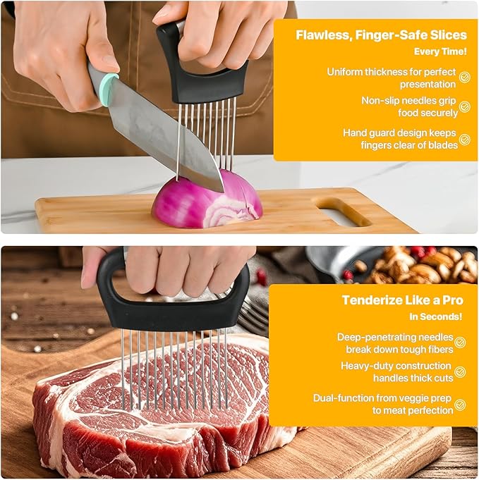 【2 PCS】Onion Holder for Slicing - Stainless Steel Vegetable & Fruit Cutter Chopper for Onions, Tomatoes, Avocados, Potatoes, Eggs, Meat & Lemon - Kitchen Slicer Assistant with Neat Guide & Tenderizer.