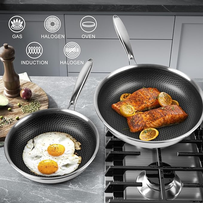 Innerwell 6 Piece Stainless Steel Frying Pan Set with Lids, Nonstick Honeycomb Frying Pan Set, 3pcs W/Stay Cool Handle, Skillet Works Pan for Cooking with Induction, Gas, Ceramic & Electric Stovetops