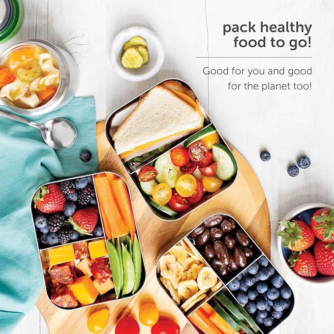 LunchBots Medium Trio II Snack Container - Divided Stainless Steel Food Container - 3 Sections for Snacks On the Go, Dishwasher Safe - Stainless Steel