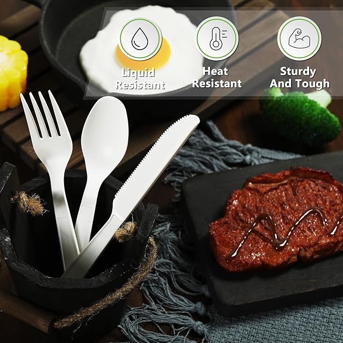Compostable Knife,100 Biodegradable Silverware for Party, Large Disposable Utensils Eco Friendly Durable and Heat Resistant,Alternative to Plastic Knife