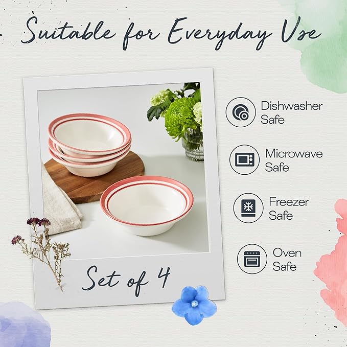 Portmeirion Potter’s Stripe Oatmeal Bowls (Set of 4) - Versatile Earthenware Bowls for Kitchen, Soups, Cereal & Desserts - Dishwasher & Microwave Safe - Made in UK Dinnerware Collection (Red Stripe)