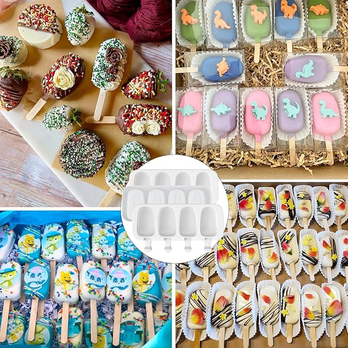 3pcs Large Silicone Popsicle Molds Set,BZIDII 4 Cavities Cake Pop Molds,Oval Ice Cream Bar Mold Ice Pop Cakesicle Molds Silicone with 100 Wooden Sticks & 100 Bags &100 Twist Ties(White)