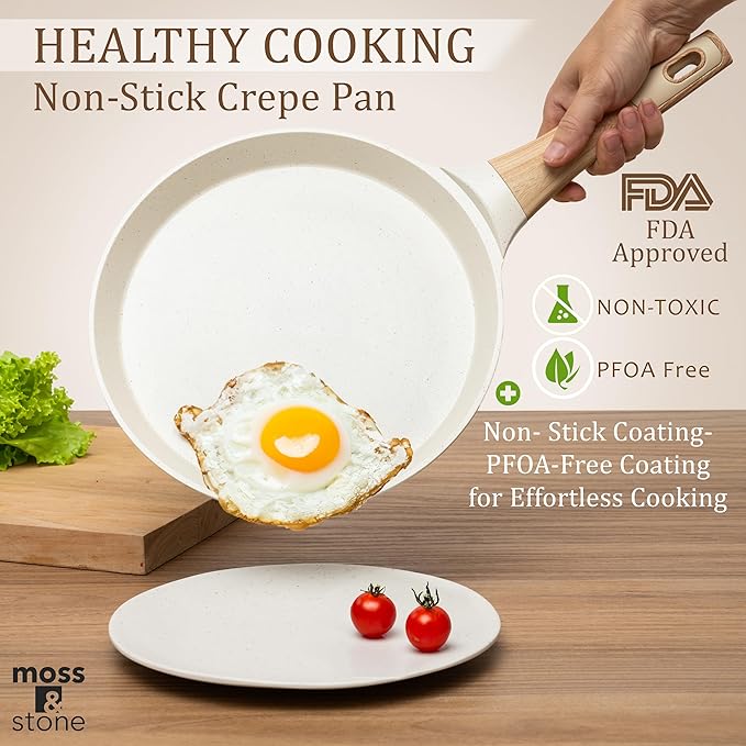 Moss & Stone 9.5-Inch Nonstick Crepe Pan with Spreader – Ceramic Dosa Tawa, Flat Skillet for Roti, Pancakes, Tortillas – Induction Compatible, Nonstick Pancake Pan for Stovetop Use, White