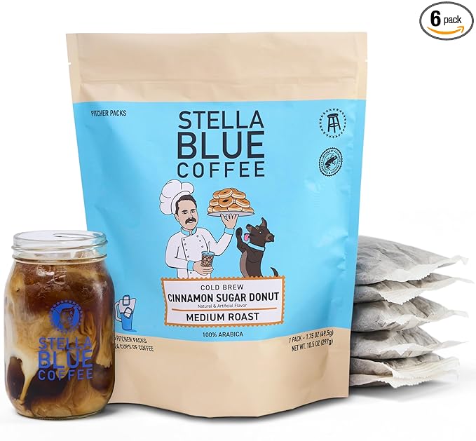 STELLA BLUE Fresh Cold Brew Coffee | Cinnamon Sugar Donut | 100% Arabica Medium Roast | Warm Cinnamon and Sweet Pastry Flavor | Cold Brew Coffee Packets | Makes 24 Pods | 6 Easy-Brew Pouches