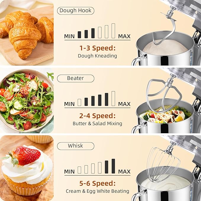 Dough Mixer 8.45 QT Electric Mixer - 660W 6 Speed Large Capacity Kitchen Stand Mixer with Whisk Dough Hook Mixing Beater Household Food Mixer for Baking Cakes Cookie Bread Salad (Silver)