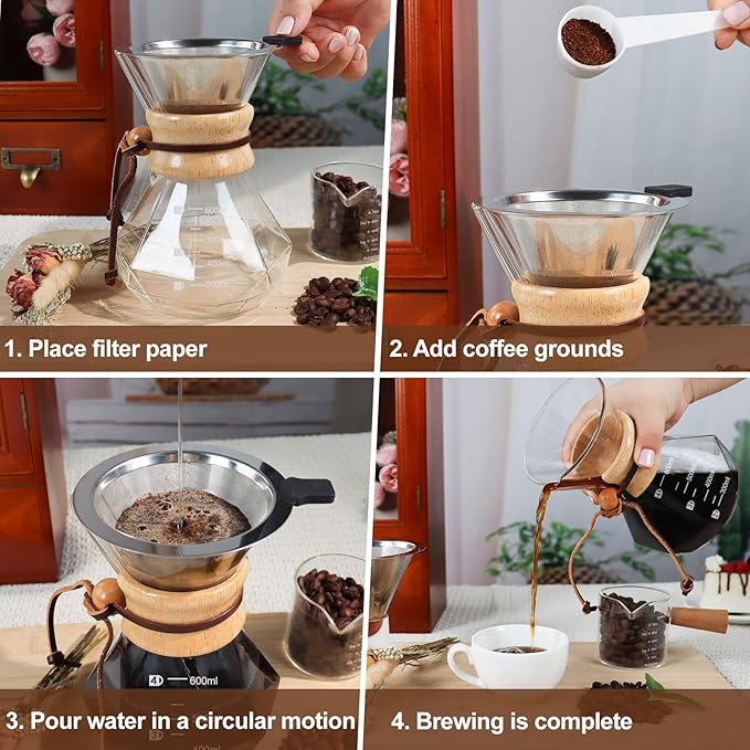 Pour Over Coffee Pot Set 600ml Features 304 Stainless Steel Filter Glass Coffee Pot with High Borosilicate Glass Duckbill Spout Design Solid Wood Handle Pour Over Coffee Drippers Daily Brewing